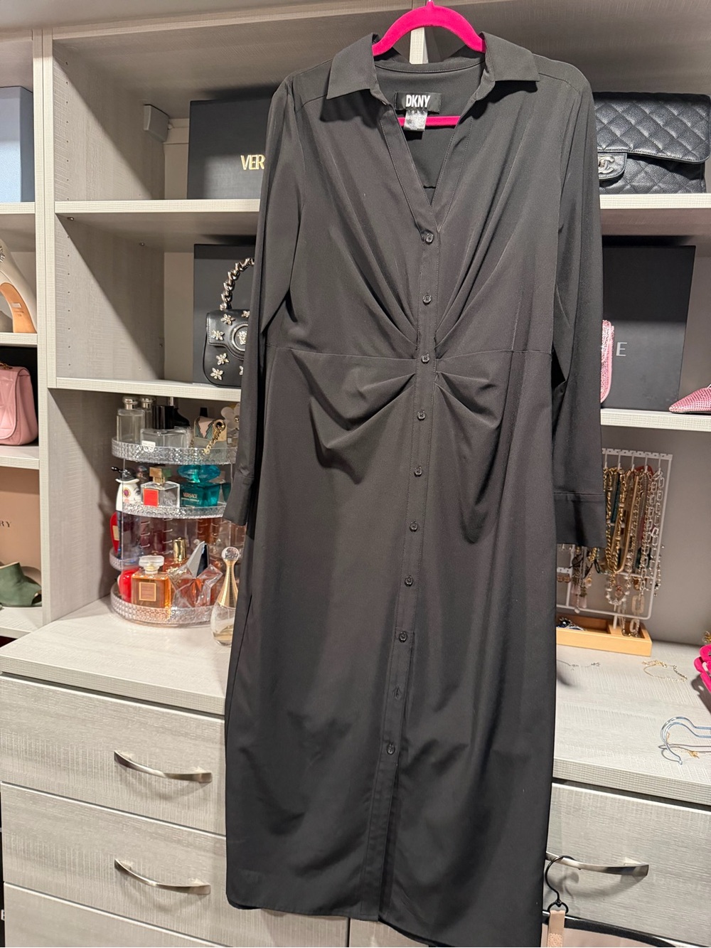 DKNY Black Long-Sleeve Twist Front Shirt Dress